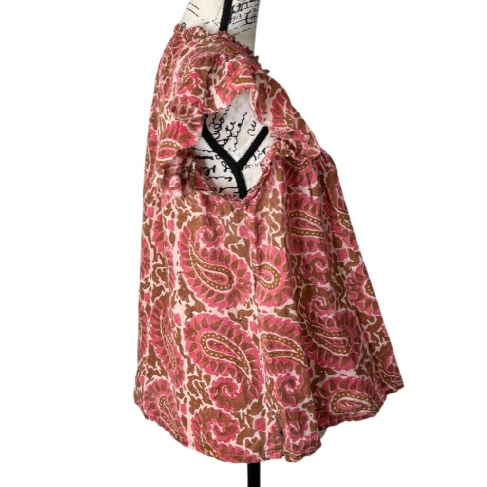 Cleobella Calla Ruffle Paisley Blouse Top Organic Cotton Pink Brown Women Size S - Picture 3 of 9